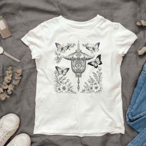 Lantern with Butterflies and Blooming Flowers T-shirt Design cover image.