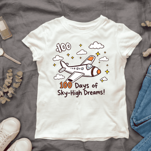 100 Days Themed Airplane with Clouds T-shirt Design cover image.