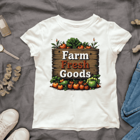 Wooden Sign with Farm Fresh Goods T-shirt Design cover image.