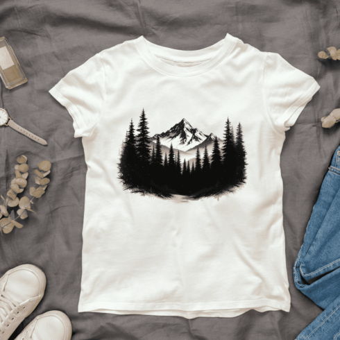 Tranquil Mountain Landscape with Trees T-shirt Design cover image.