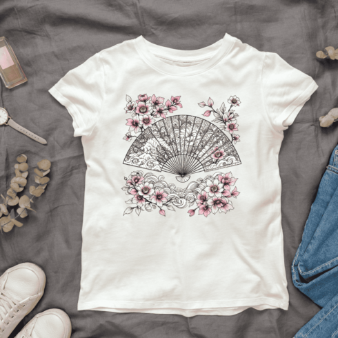 Hand Fan with Cherry Blossoms T-shirt Design cover image.