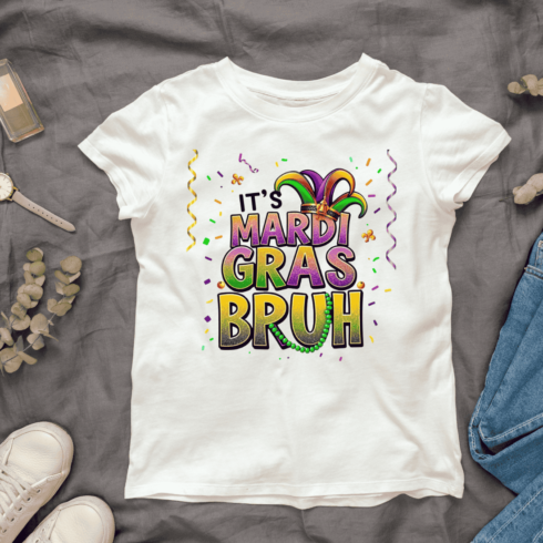 Vibrant Mardi Gras Glitter Letters T-shirt Design cover image.