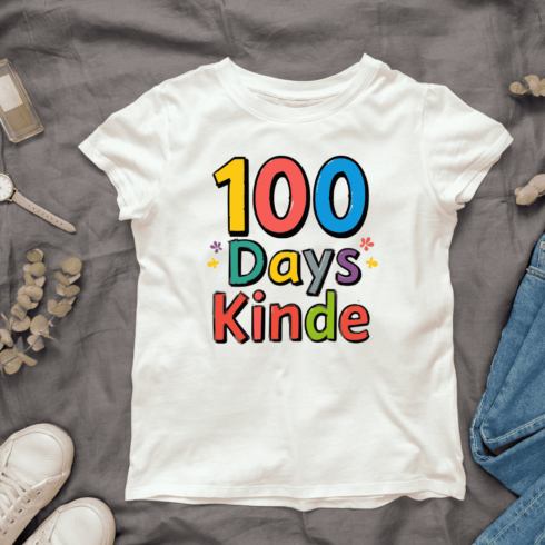 "100 DAYS KINDE" typography with rainbow gradient letters T-Shirt Design cover image.