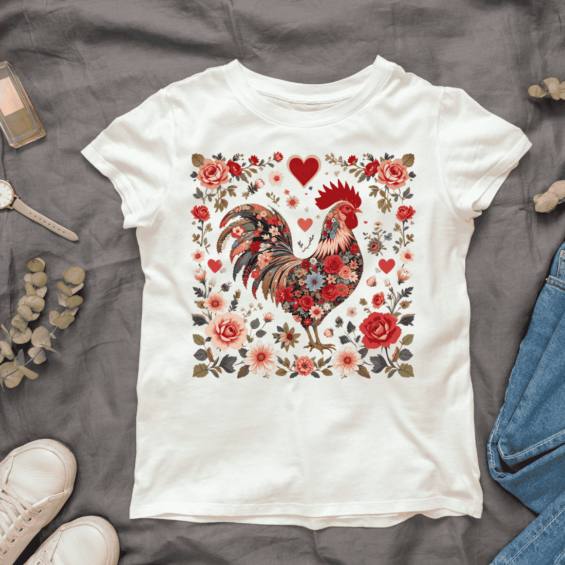 Colorful Folk Art Rooster T-shirt Design cover image.