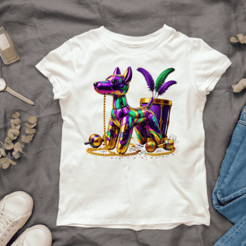 Mardi Gras Dog and Decorations T-shirt Design cover image.