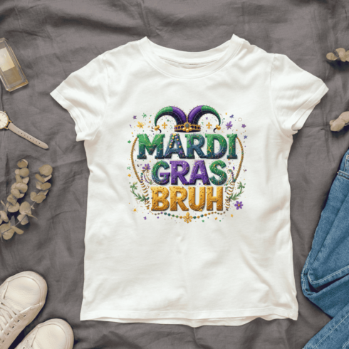 Colorful Mardi Gras Typography T-shirt Design cover image.