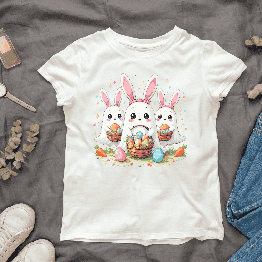 Pink bunny ears of ghost with basket filled of eggs with floral T-shirt Design cover image.