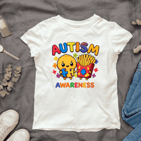 Autism Awareness Smiling Food with Puzzle T-Shirt Design cover image.