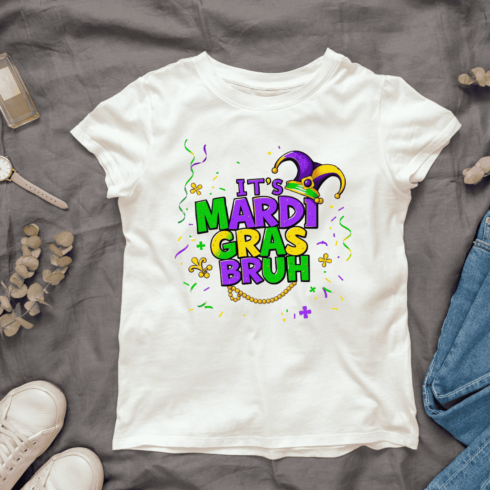 Whimsical Mardi Gras Text Art T-shirt Design cover image.