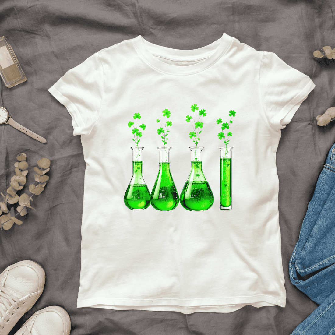 Science Experiment with Lucky Shamrocks T-shirt Design cover image.