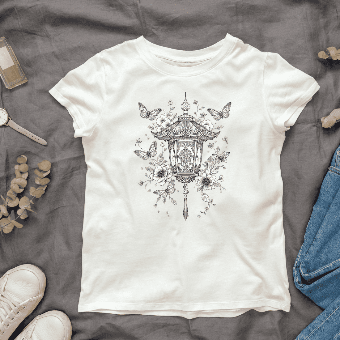 Lantern with Butterflies and Flowers T-shirt Design cover image.