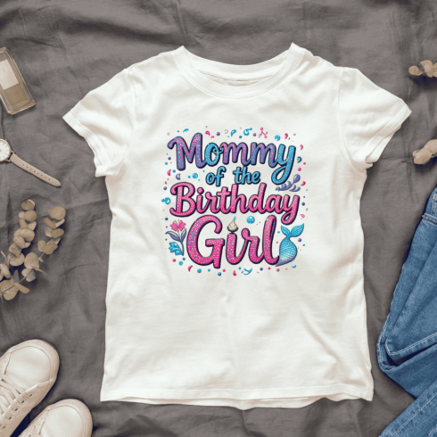 "Mommy of the Birthday Girl" Sparkly Lettering T-Shirt Design cover image.