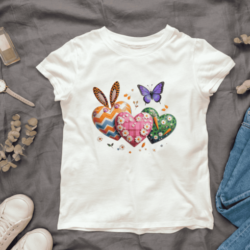 Whimsical Heart-Shaped Pillows and Egg T-shirt Design cover image.