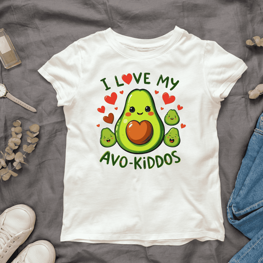 Watercolor Cute Avocado Family T-shirt Design cover image.