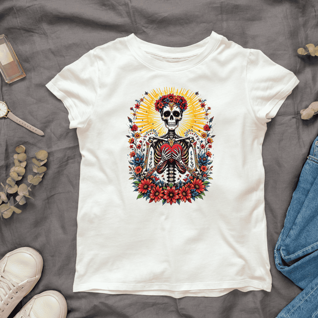 Skeleton Holding Heart with Floral Wreath T-shirt Design cover image.