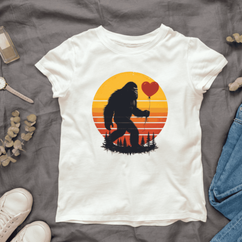 Vintage Sunset bigfoot with heart-shaped balloon T-shirt Design cover image.