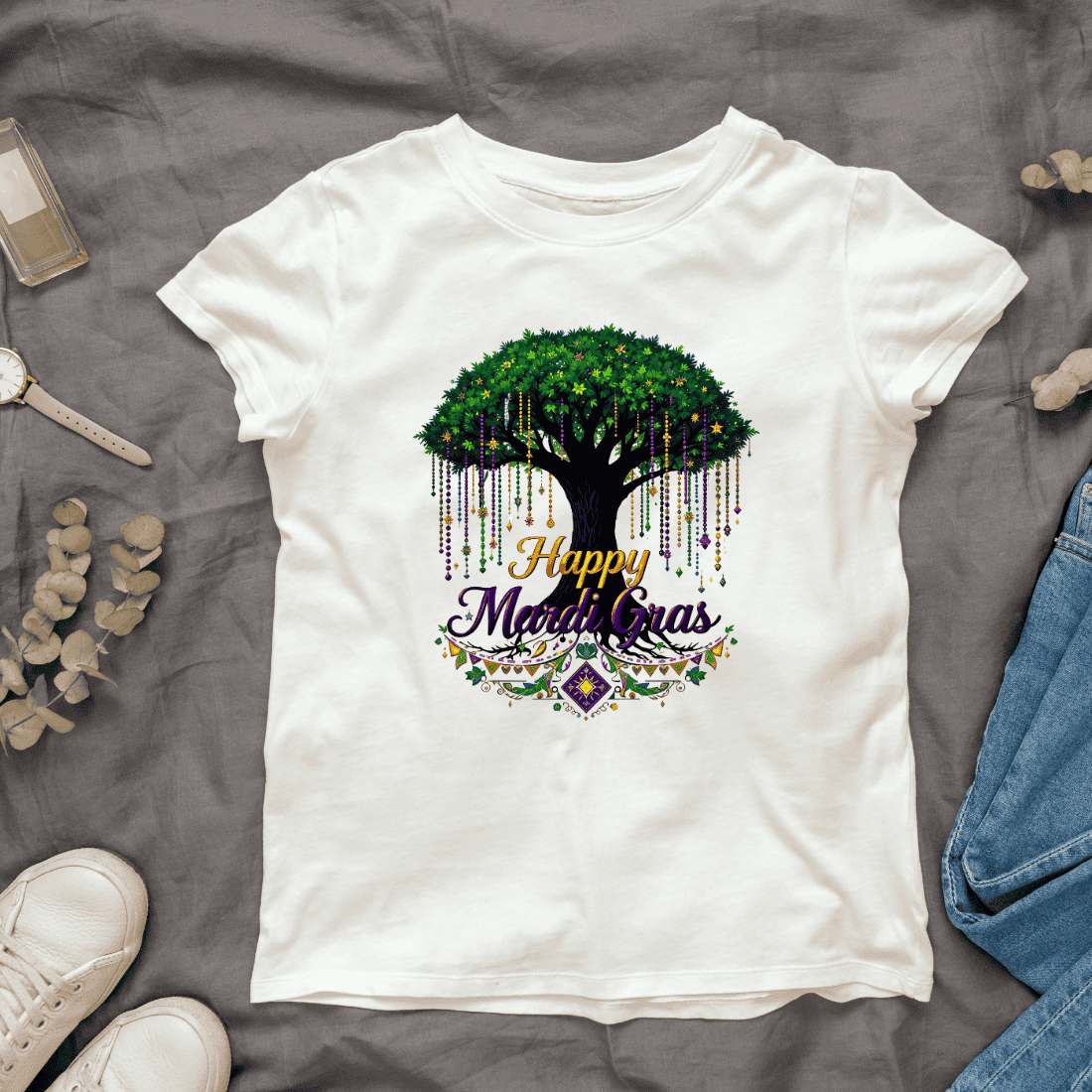 Colorful Mardi Gras tree with hanging beads T-Shirt Design cover image.