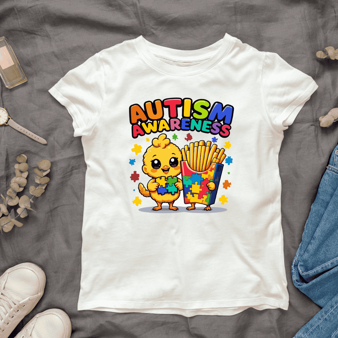 Autism awareness cartoon chick with French fries and puzzle pieces T-Shirt Design cover image.