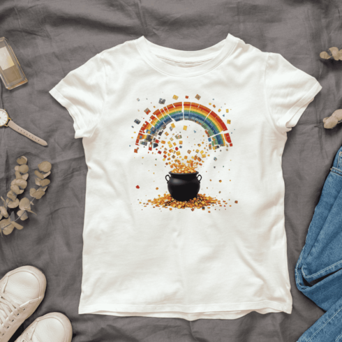 Colorful St Patrick's Day Pot of Gold T-shirt Design cover image.