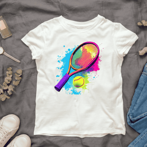 Colorful Tennis Racket and Ball with Splashes T-shirt Design cover image.