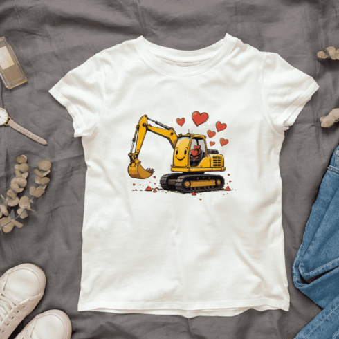 Loving Excavator with Heart Symbols T-shirt Design cover image.