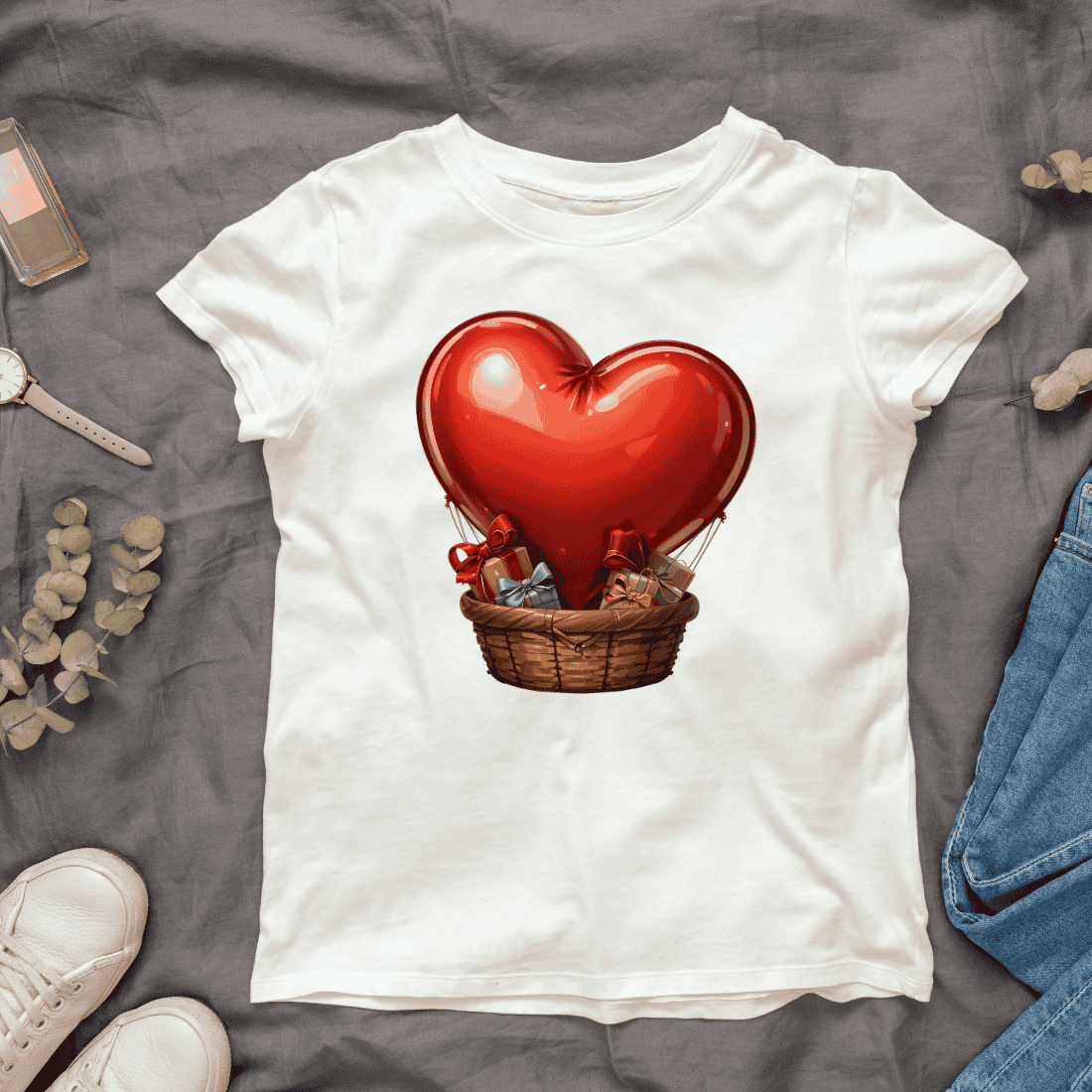 Heart Balloon with Gifts in Basket T-shirt Design cover image.