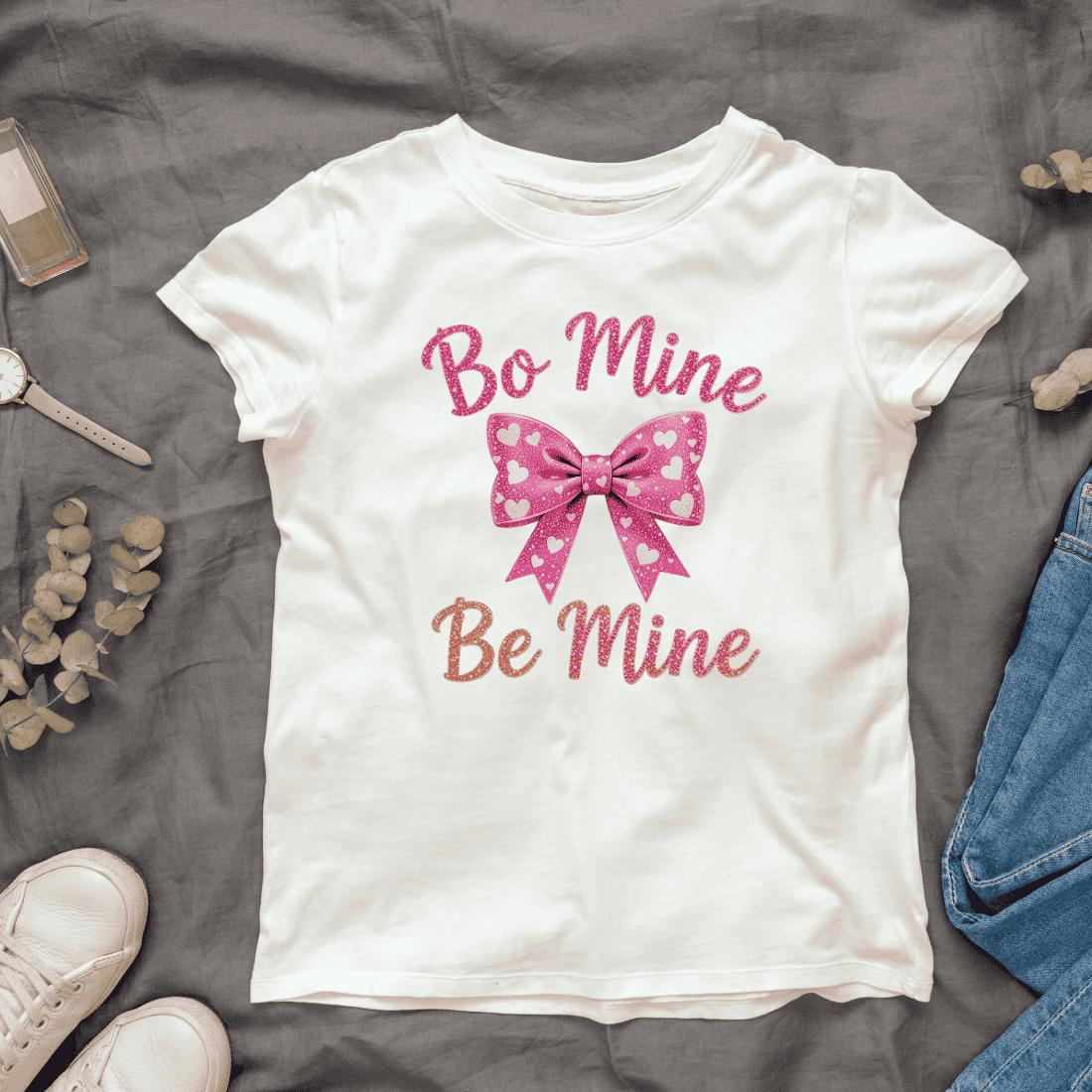 Romantic Bow with Be Mine Glitter Typography T-shirt Design cover image.