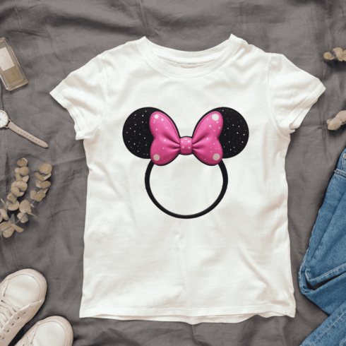 Pink and Black Minnie Mouse Ears Headband T-shirt Design cover image.