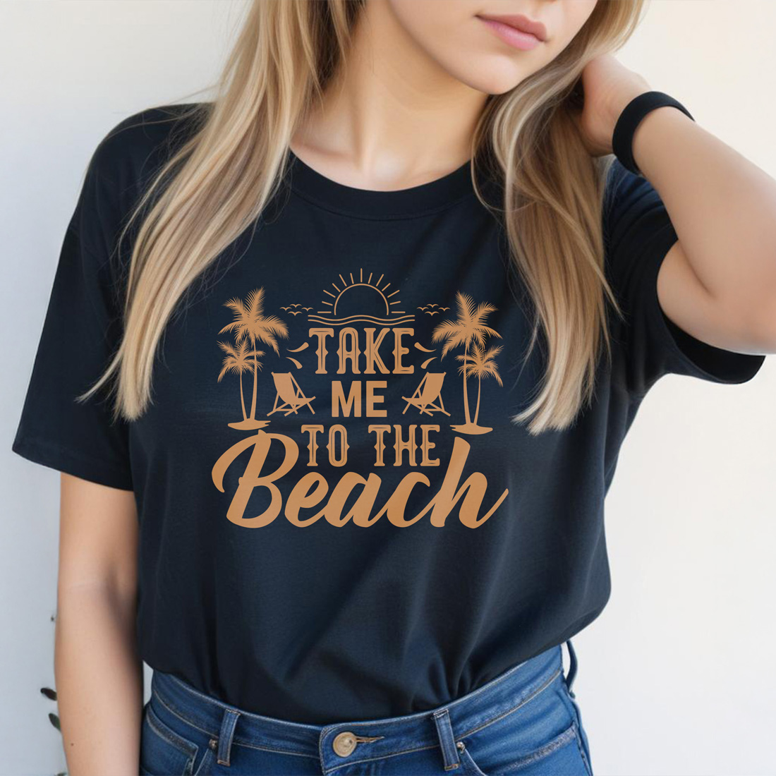 take me to the beach graphic design black female tshirt front mockup 500