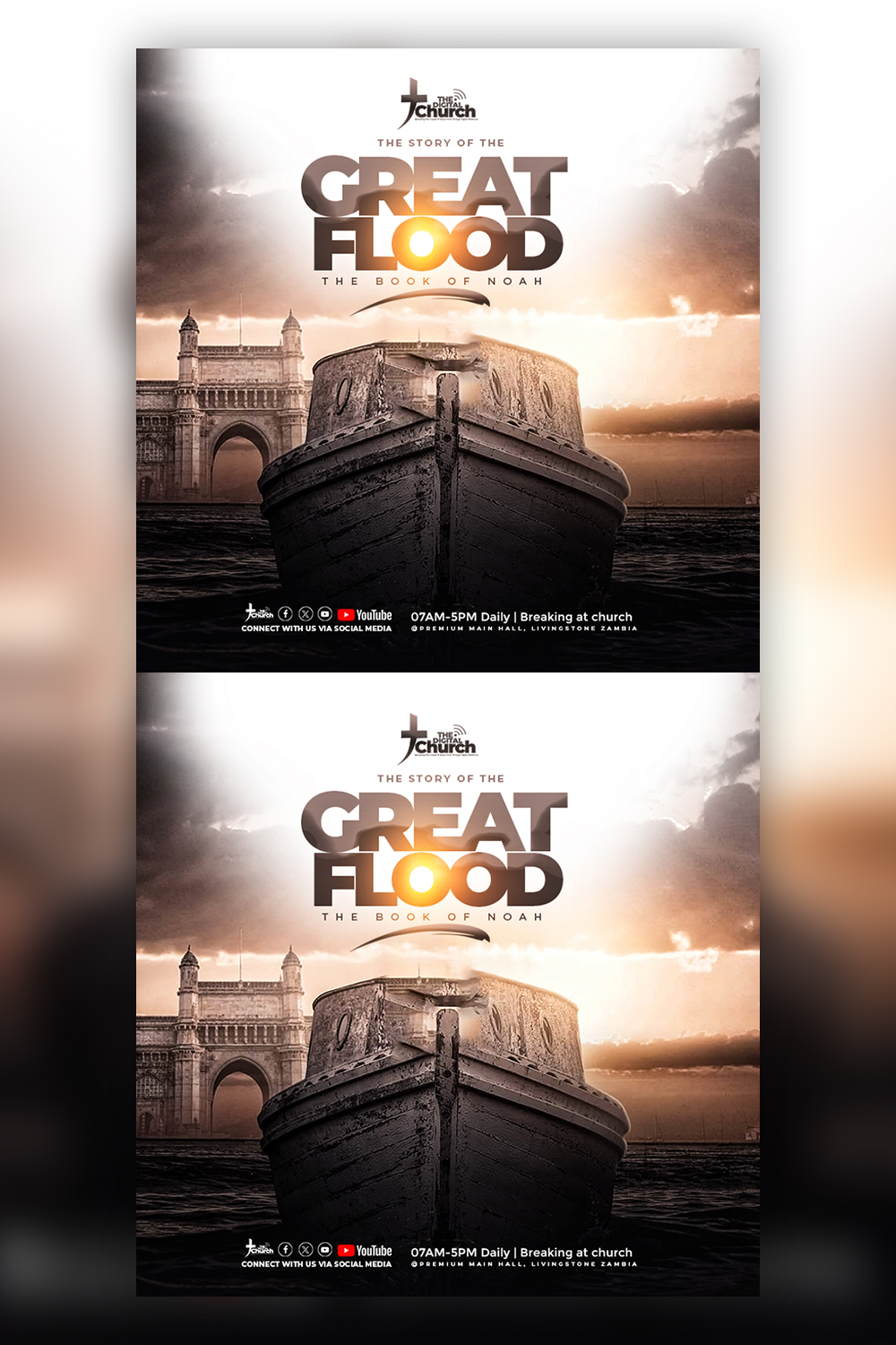 The story of the great flood church flyer template PSD pinterest preview image.