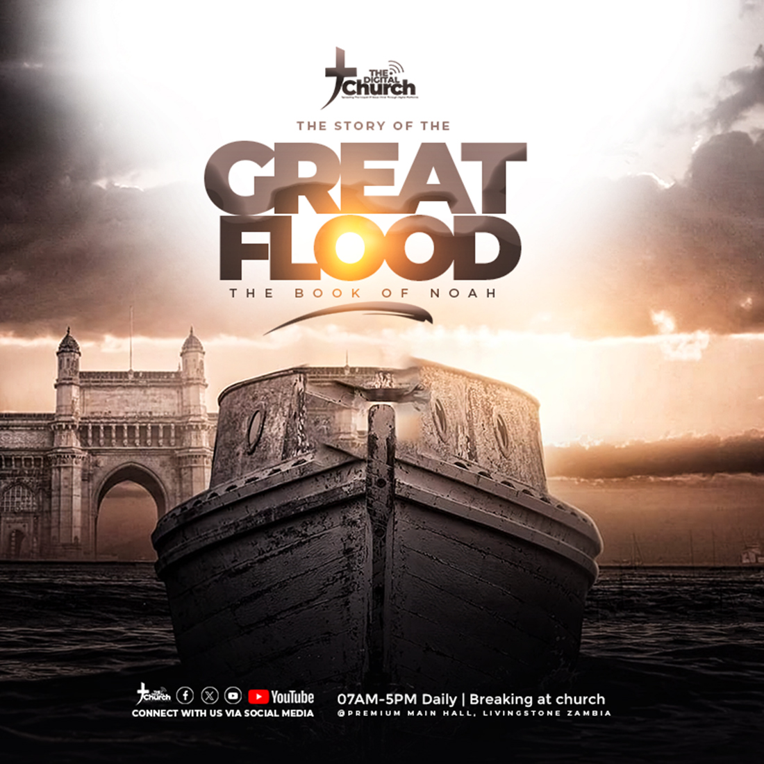 The story of the great flood church flyer template PSD cover image.