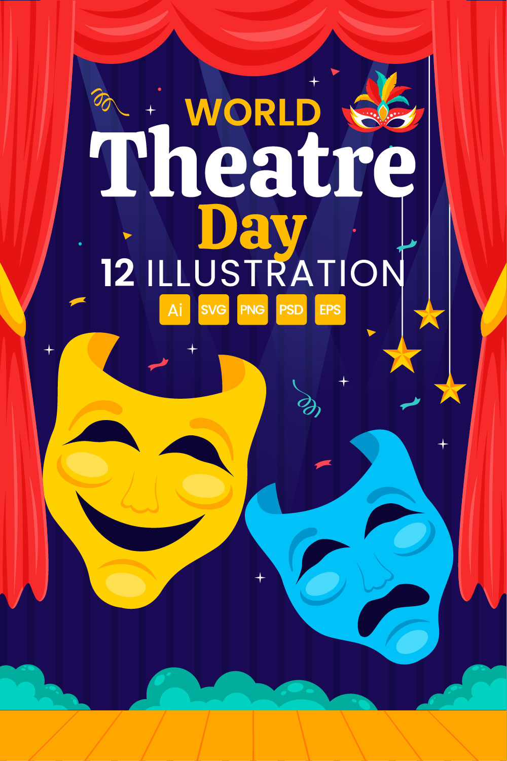 12 World Theatre Day Illustration pinterest preview image.