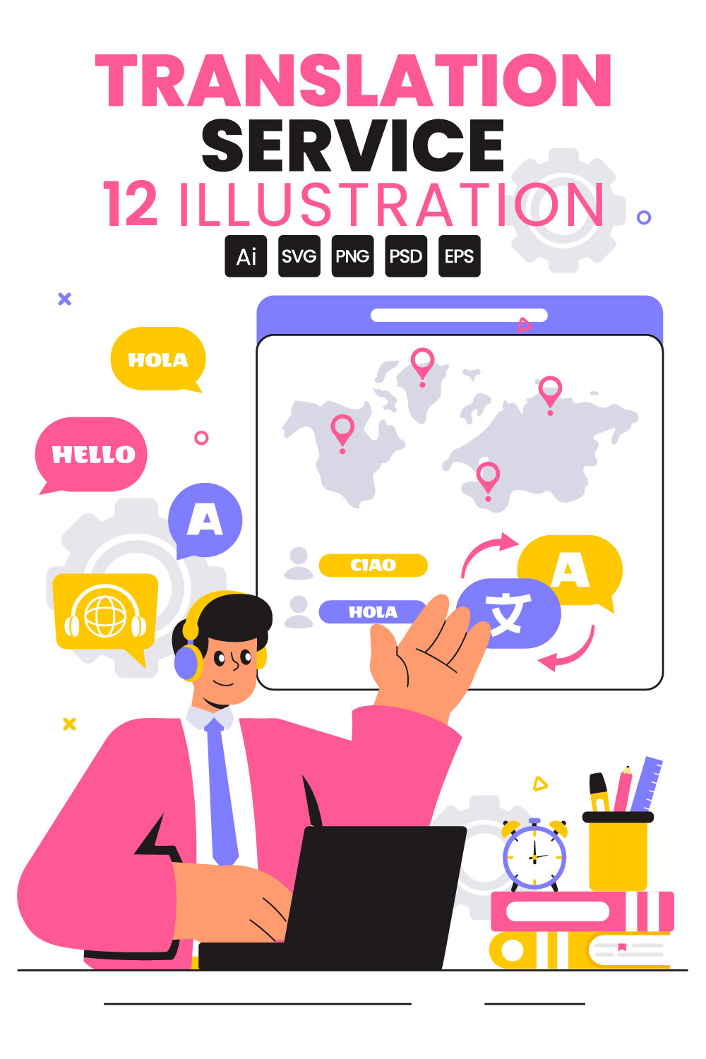 12 Language Translation Service Illustration pinterest preview image.