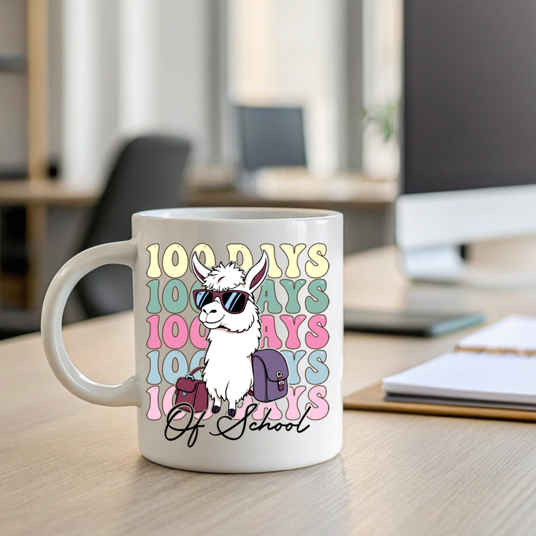 trendy 100 days of school llama design for students and educators 2 with mug mock up 522