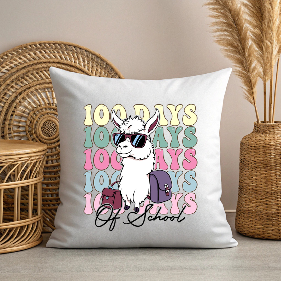 trendy 100 days of school llama design for students and educators 3 with pillow mock up 532