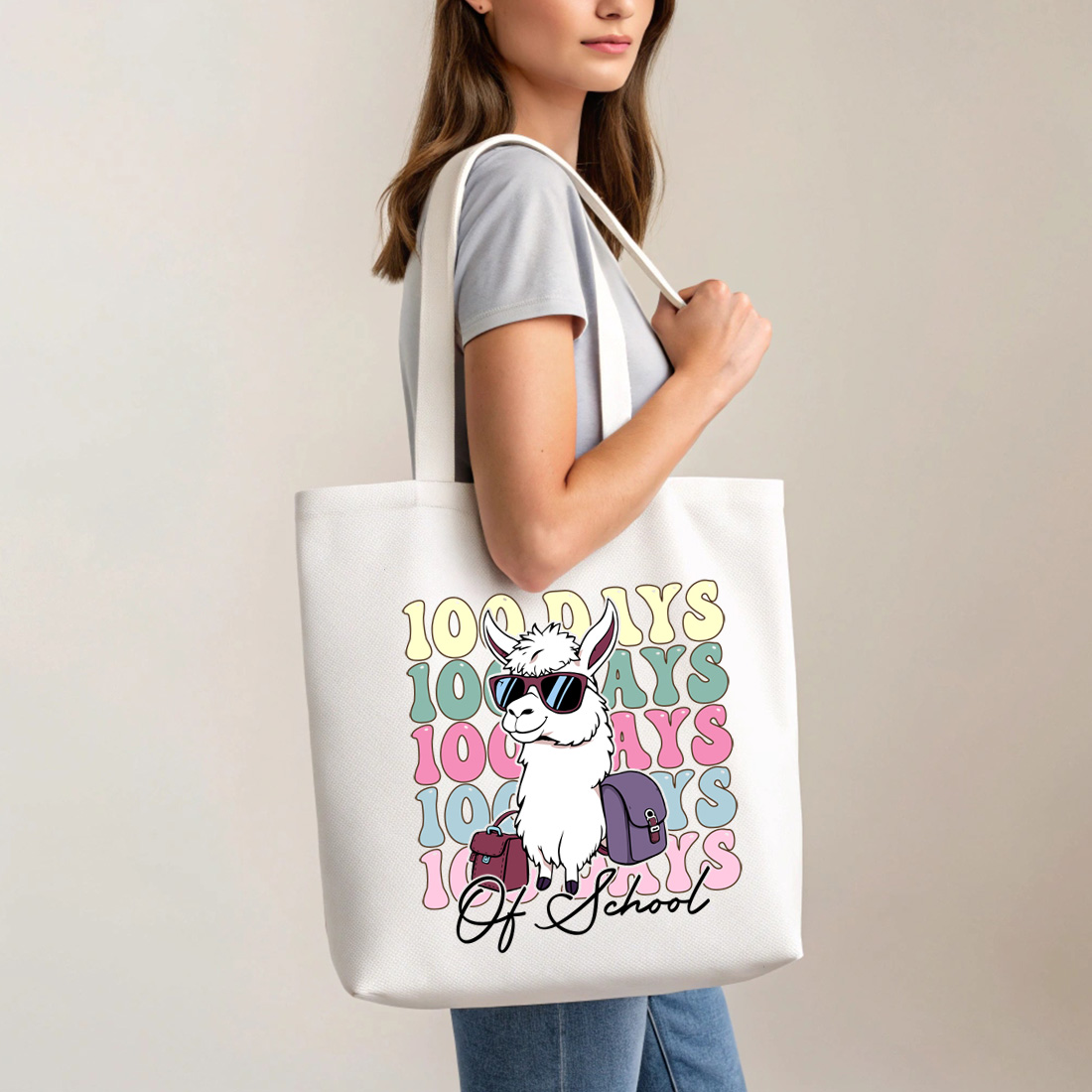 trendy 100 days of school llama design for students and educators 5 with tote bag mock up 392