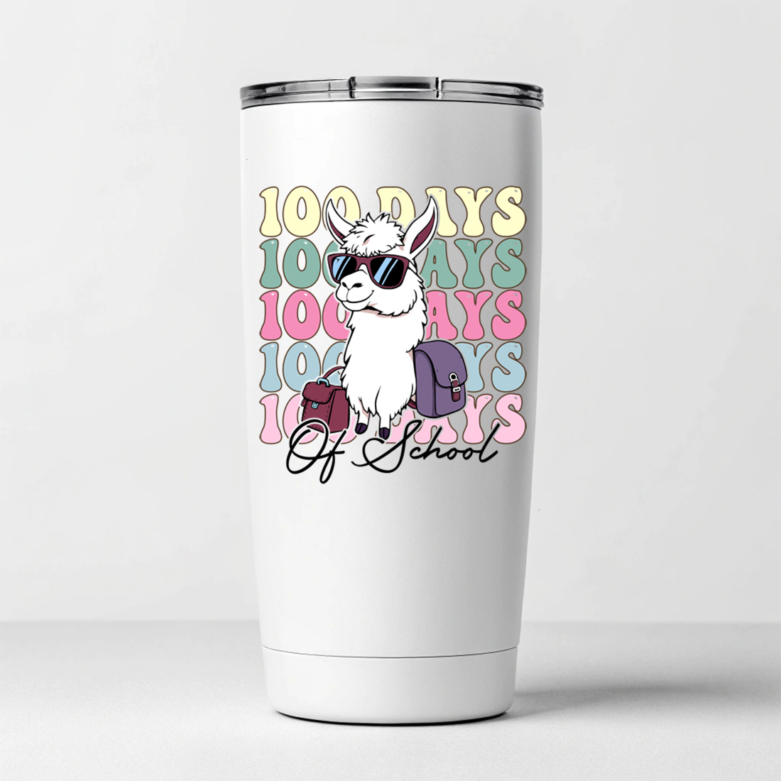 trendy 100 days of school llama design for students and educators 7 white tumblers mockup 817