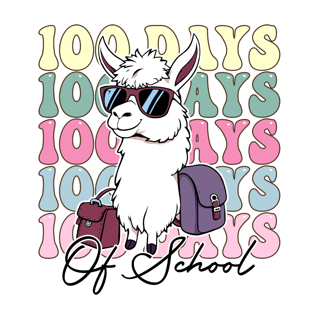 Trendy 100 days of school llama design for students and educators preview image.