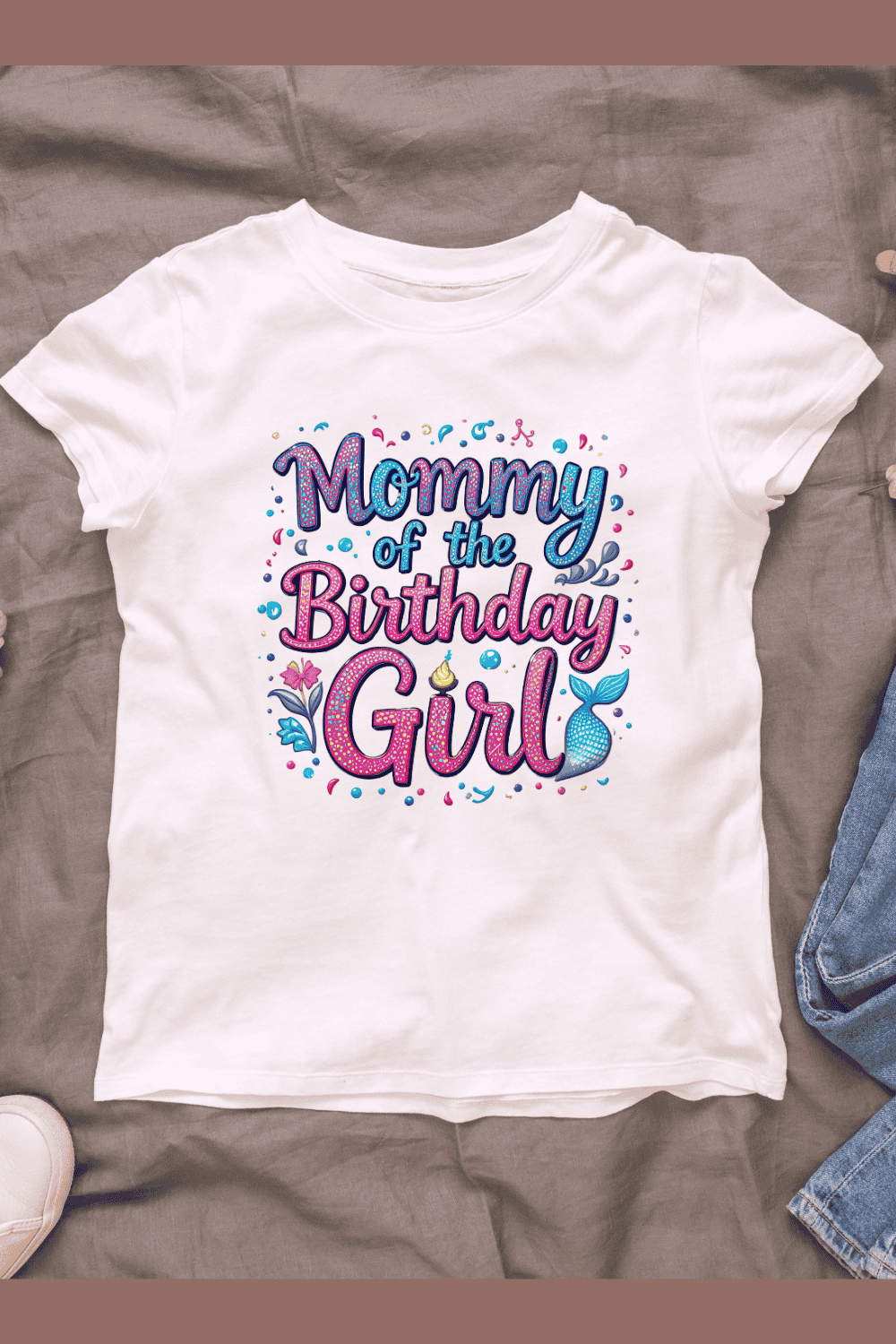 "Mommy of the Birthday Girl" Sparkly Lettering T-Shirt Design pinterest preview image.