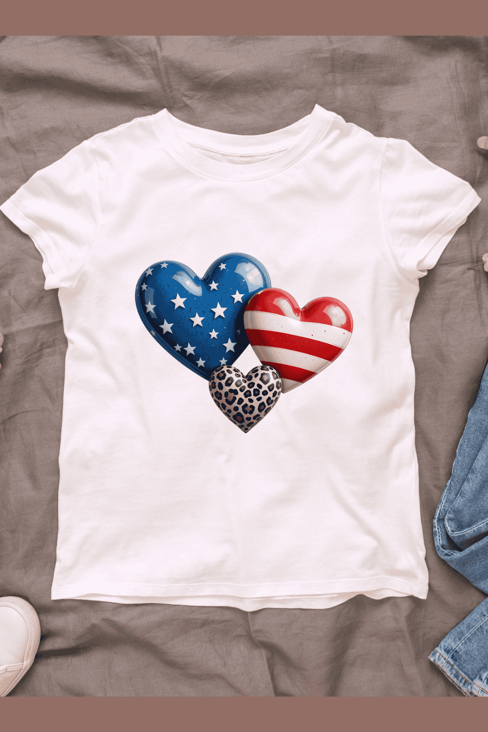 American Flag Leopard Print Hearts with Glossy 3D Finish T-shirt Design pinterest preview image.