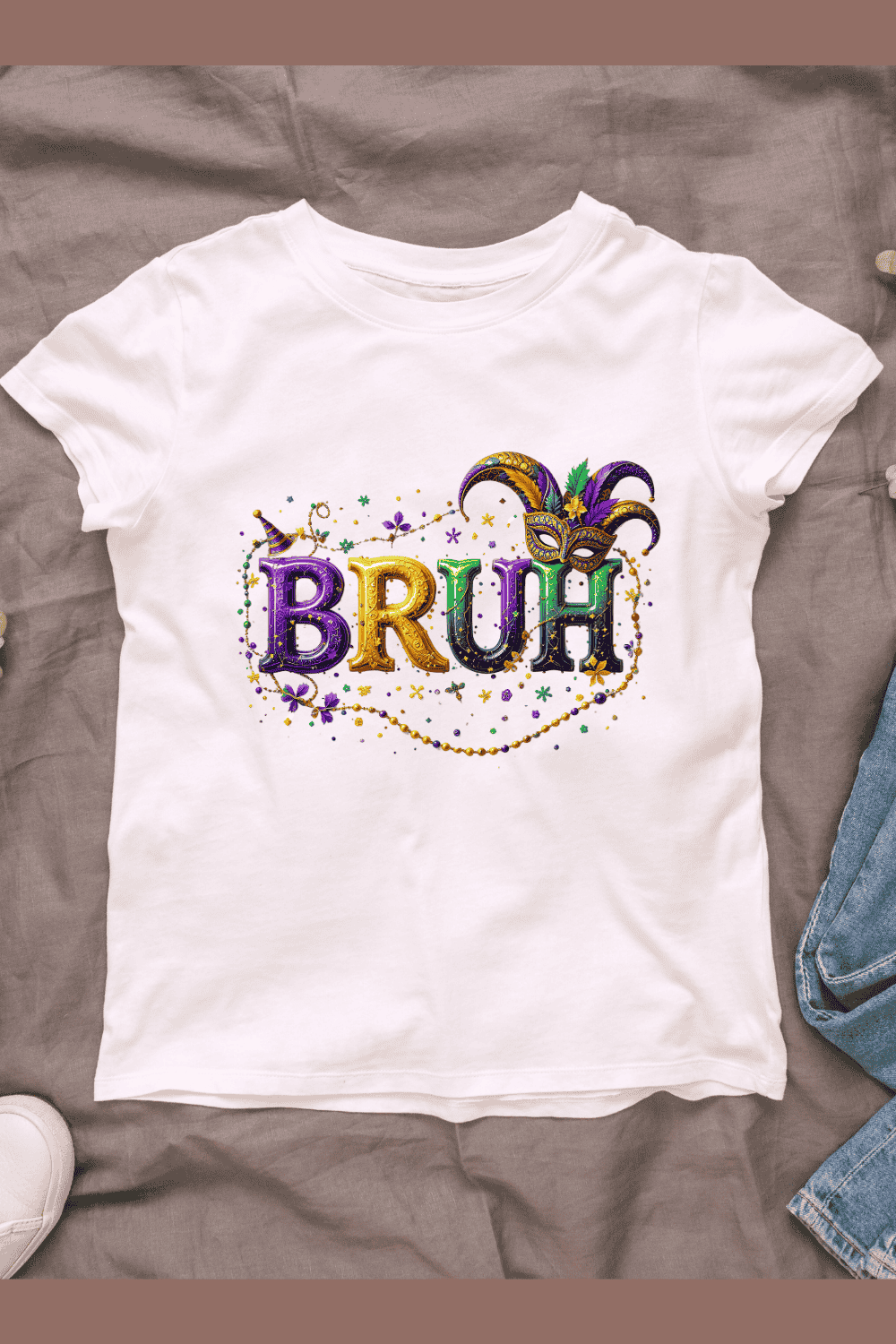 Bruh with Mardi Gras Beads T-shirt Design pinterest preview image.