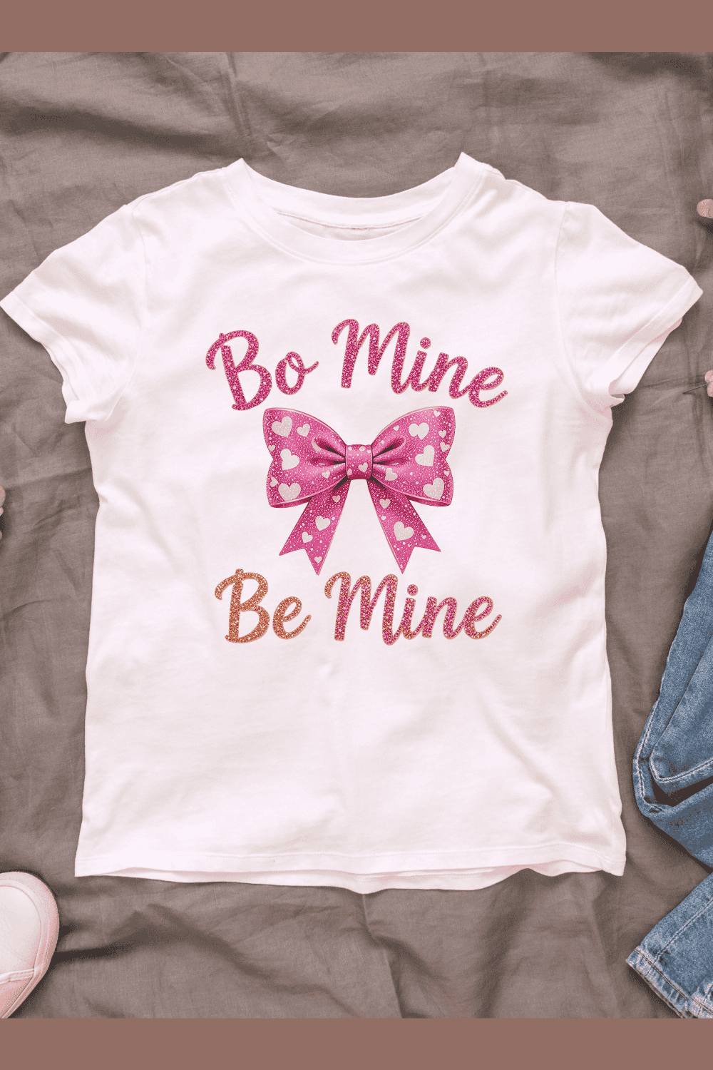 Romantic Bow with Be Mine Glitter Typography T-shirt Design pinterest preview image.