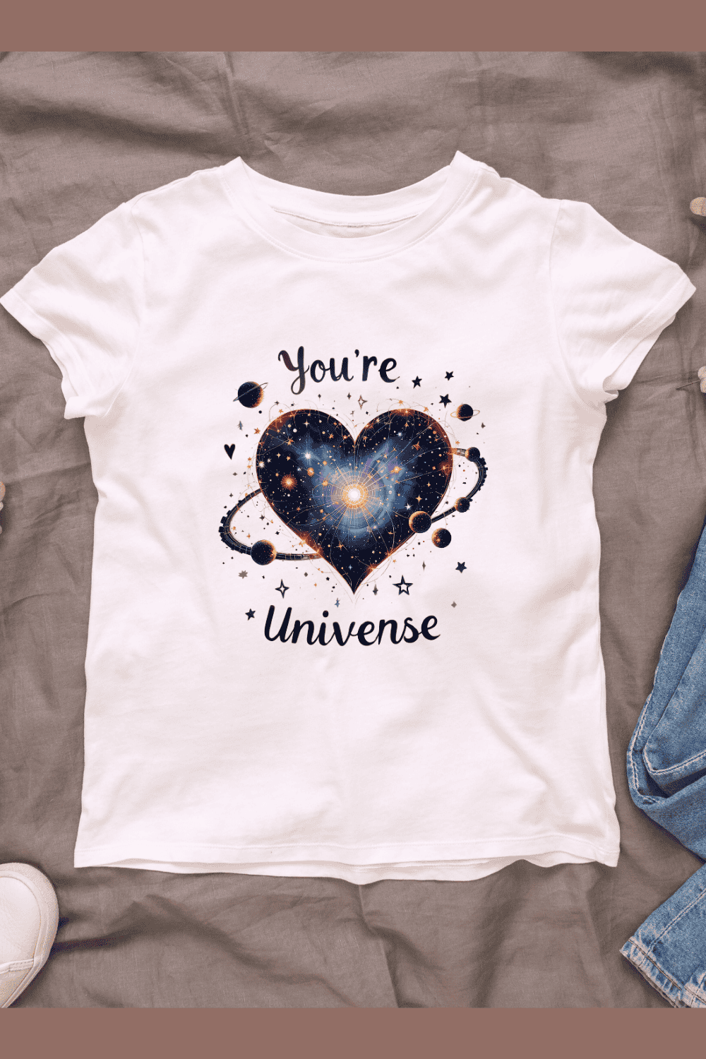 Galaxy Heart with Planets and Stars, You're My Universe Text T-shirt Design pinterest preview image.