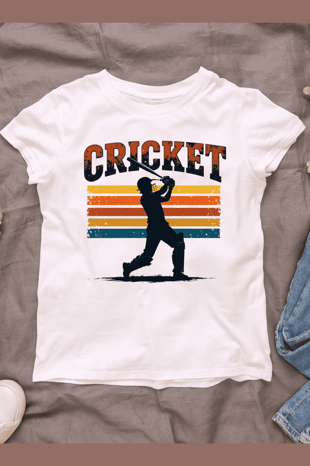 Vintage retro cricket player T-Shirt Design pinterest preview image.