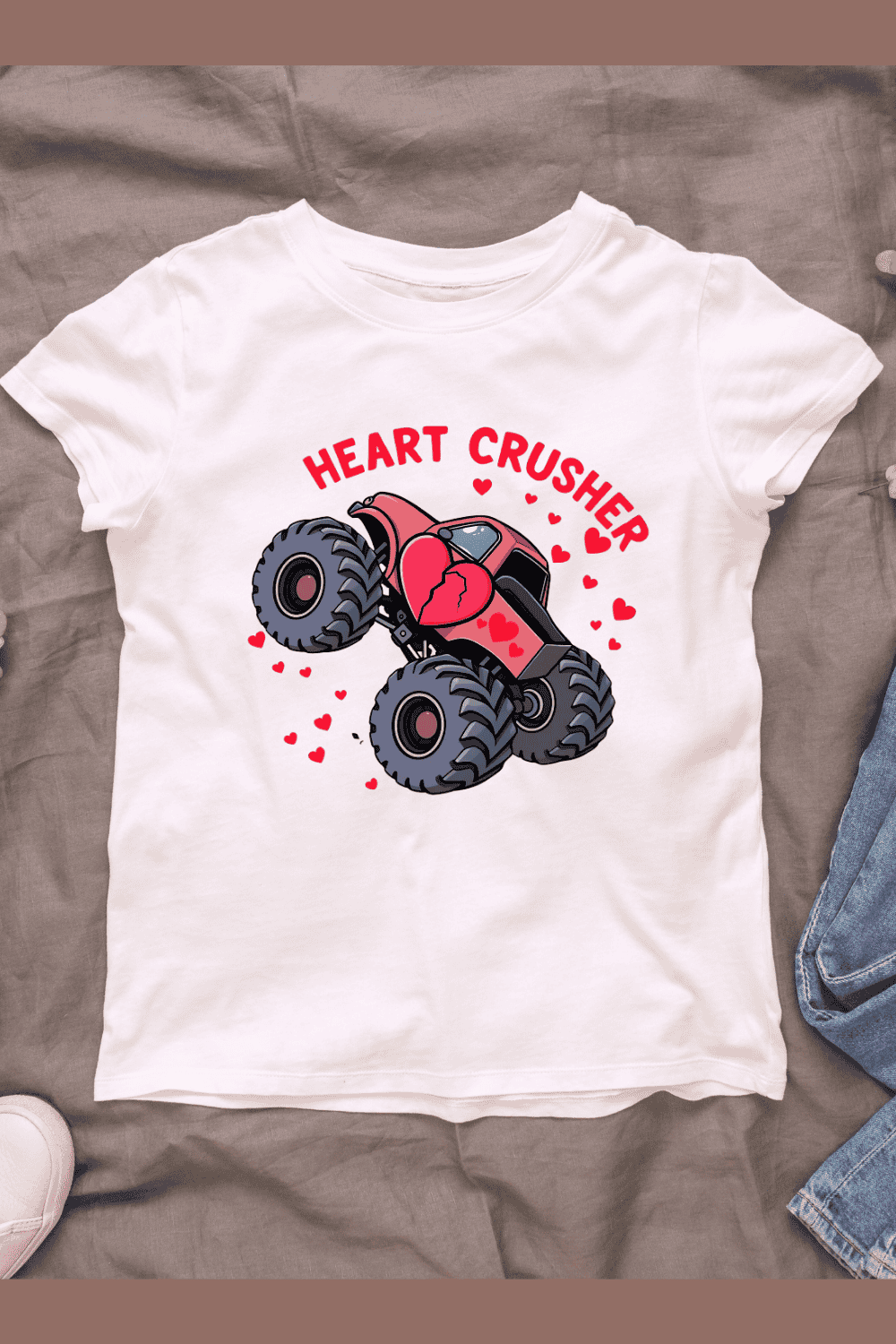 Monster truck with "Heart Crusher" text T-Shirt Design pinterest preview image.