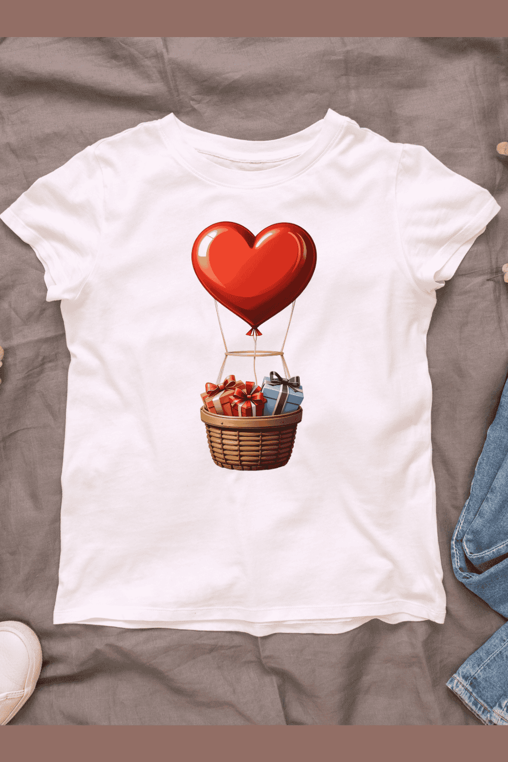 Heart Balloon with Wrapped Gifts in Basket T-shirt Design pinterest preview image.