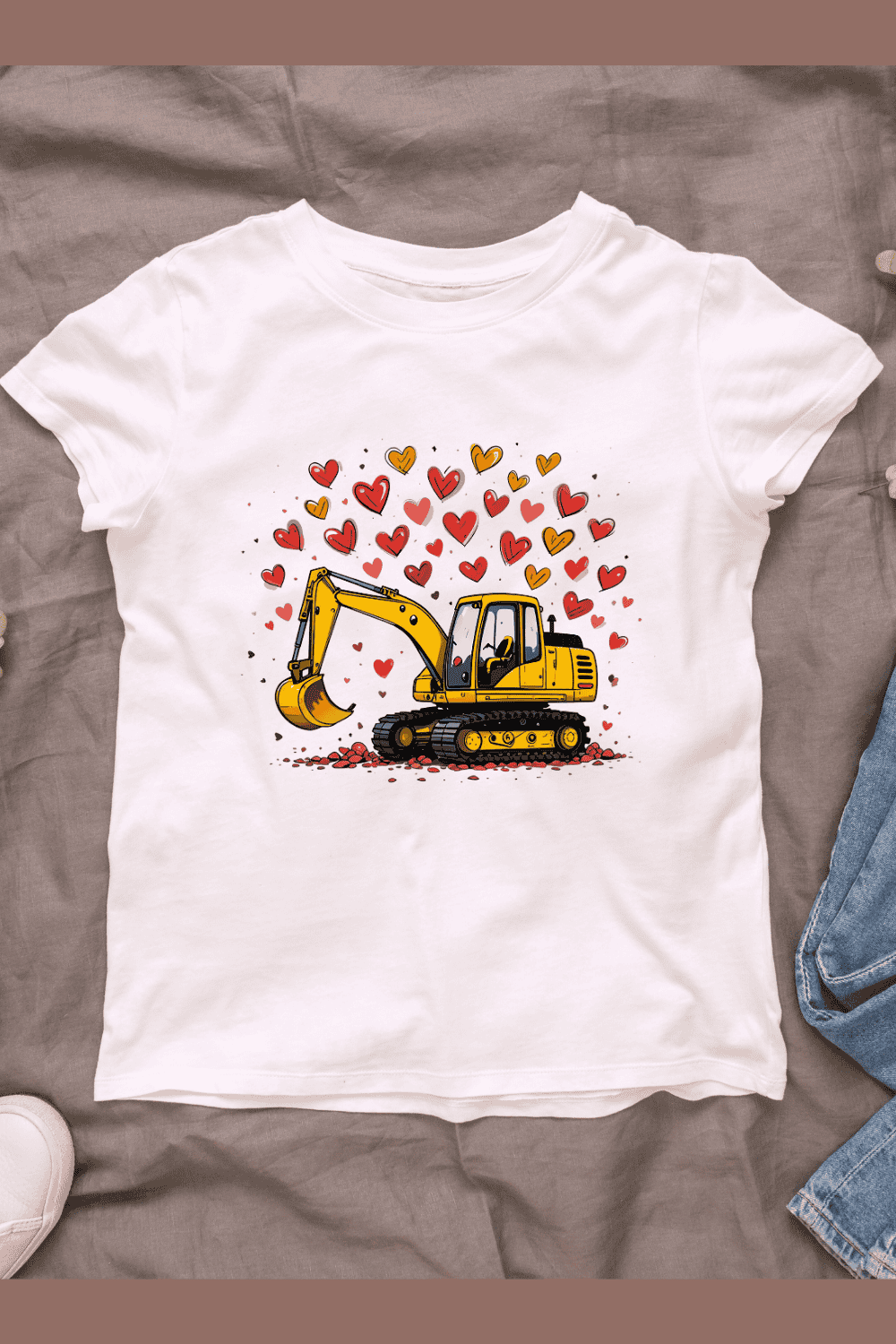 Excavator with Hearts T-shirt Design pinterest preview image.