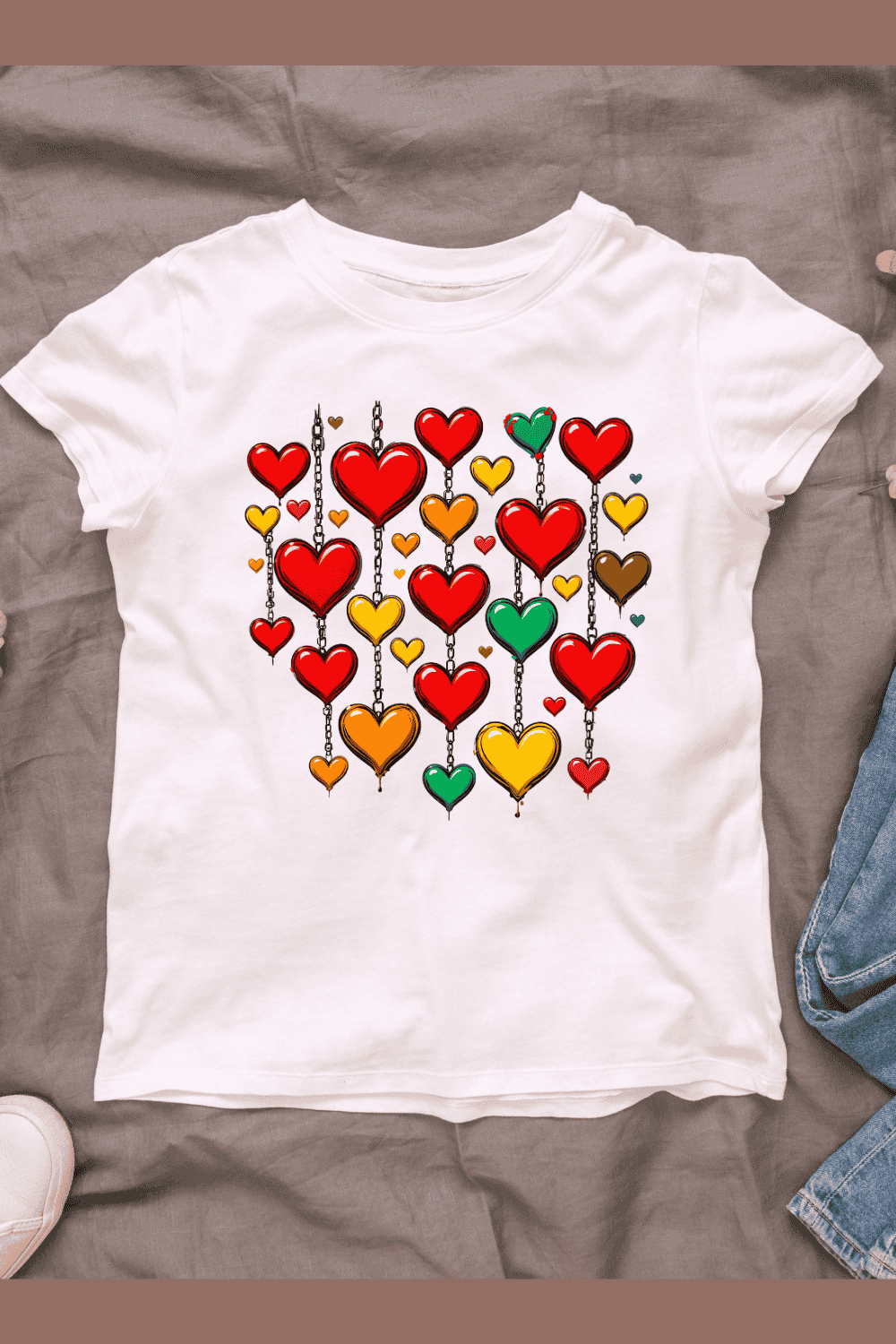 Red yellow green hanging heart ornaments T-Shirt Design pinterest preview image.