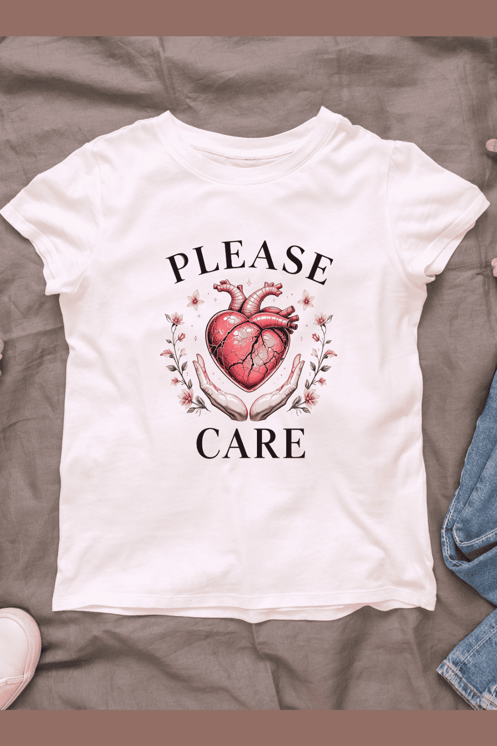 Anatomical heart with Please Care typography T-shirt Design pinterest preview image.