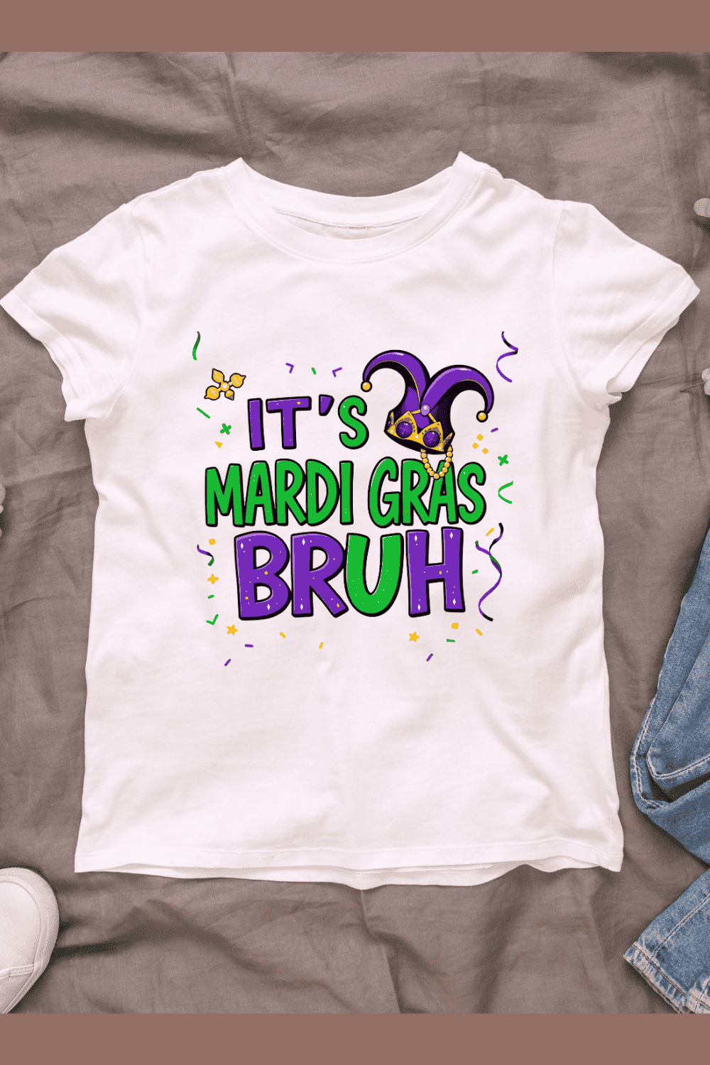 Colorful Digital Mardi Gras Text T-shirt Design pinterest preview image.